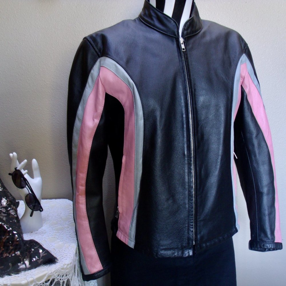 Black Leather Jacket with Pink & Gray Panels - Women's